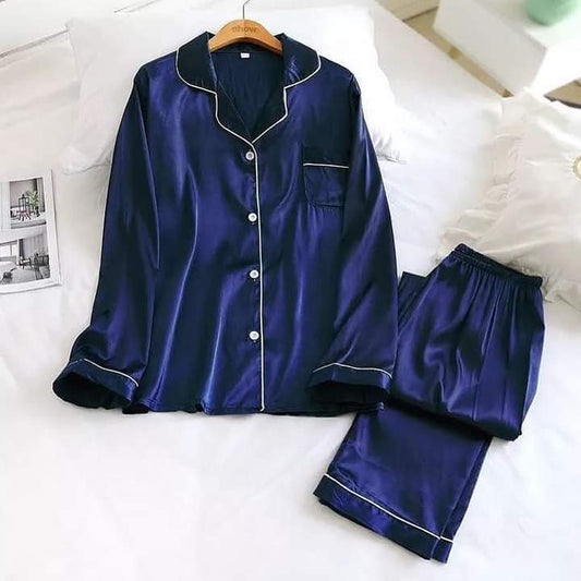 Silk Night Suit Turn Down Collar Long Sleeves