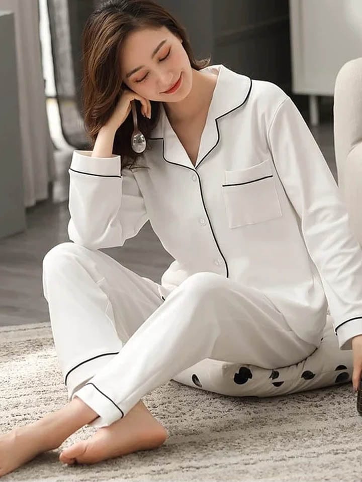 Silk Night Suit Turn Down Collar Long Sleeves