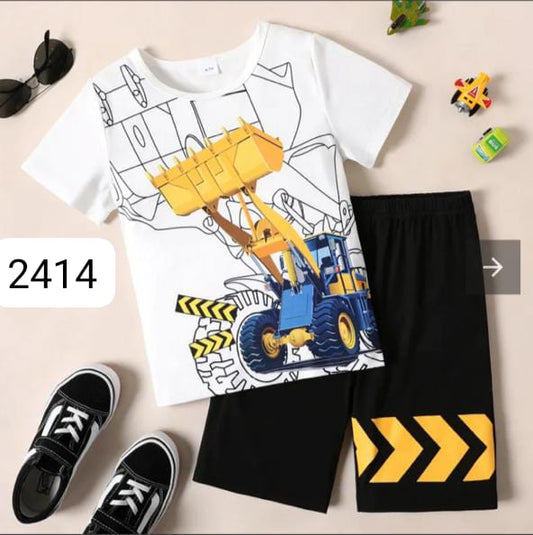 White Excavator Print KIds Short Wear