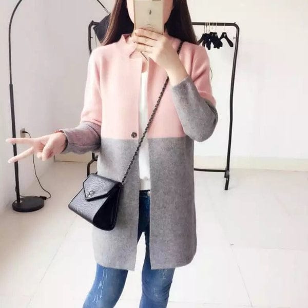 Pink Contrast Long Sleeve Fashion Cardigan Sweater