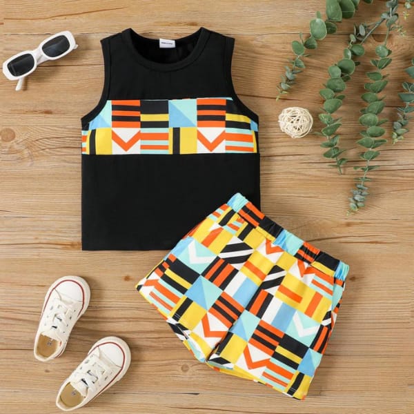 COLORFUL GEOMETRY PRINT TANK TOP AND SHORTS SET