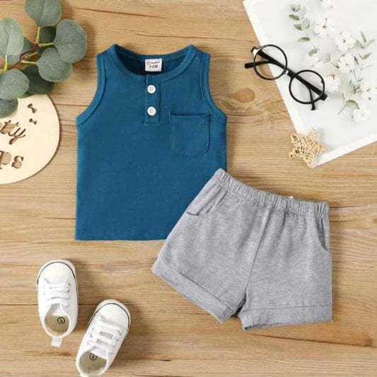 BLUE GREY SLEEVELESS SHORTS SET