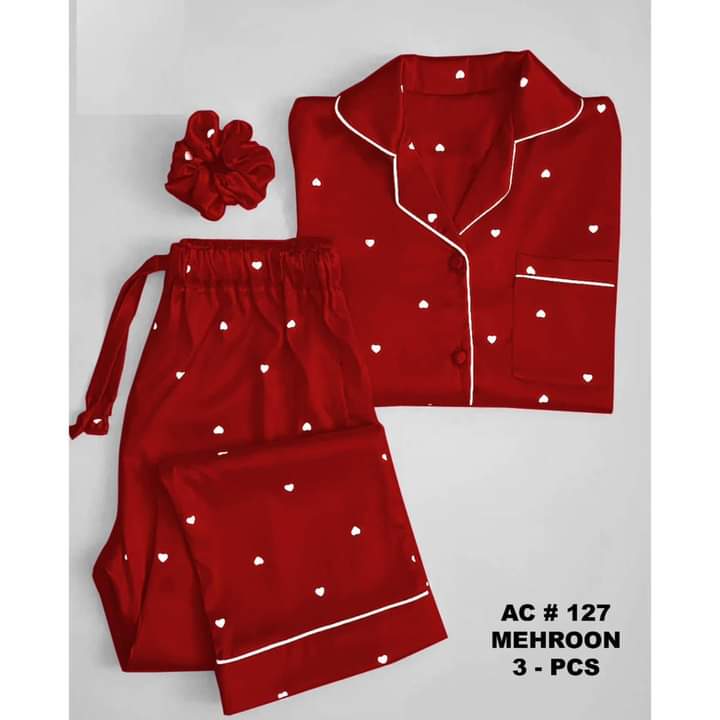 RED 3 PIECE HEART NIGHT SUIT