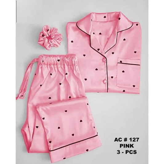 Pink 3 PIECE HEART NIGHT SUIT