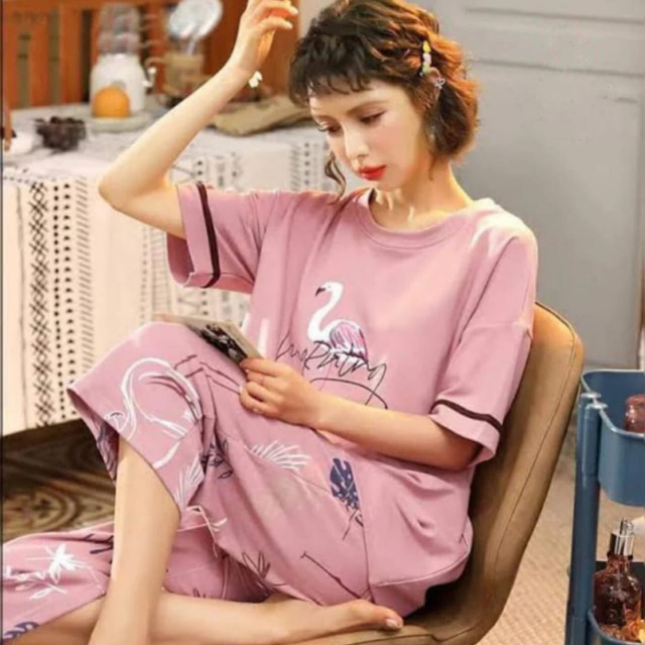 BEIGE SWAN PRINTED PJ SET