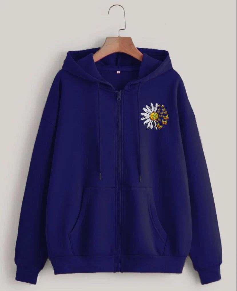 Style Heaven Daisy Flower Printed Zipper Hoodie For Women