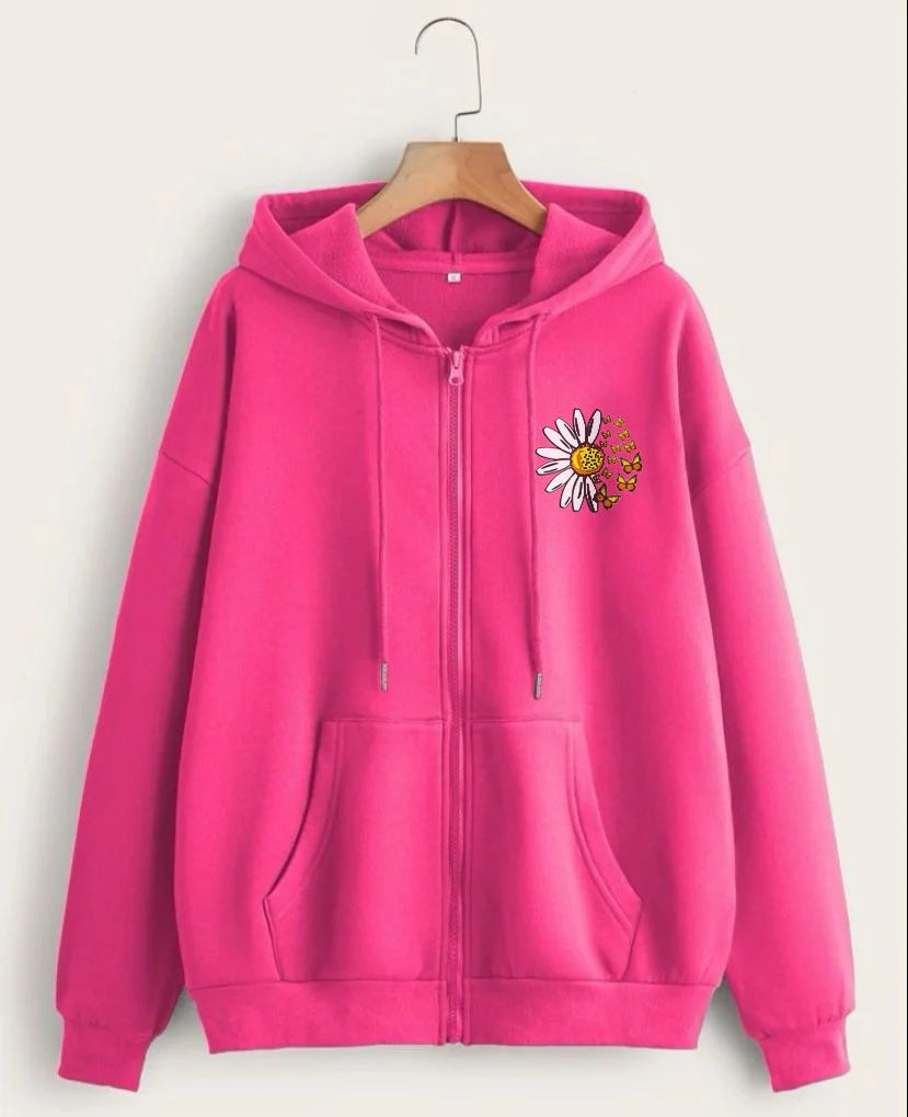 Style Heaven Daisy Flower Printed Zipper Hoodie For Women