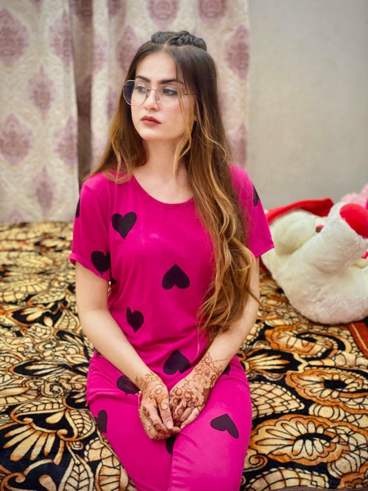 Pink Black Hearts Printed PJ Nightsuit